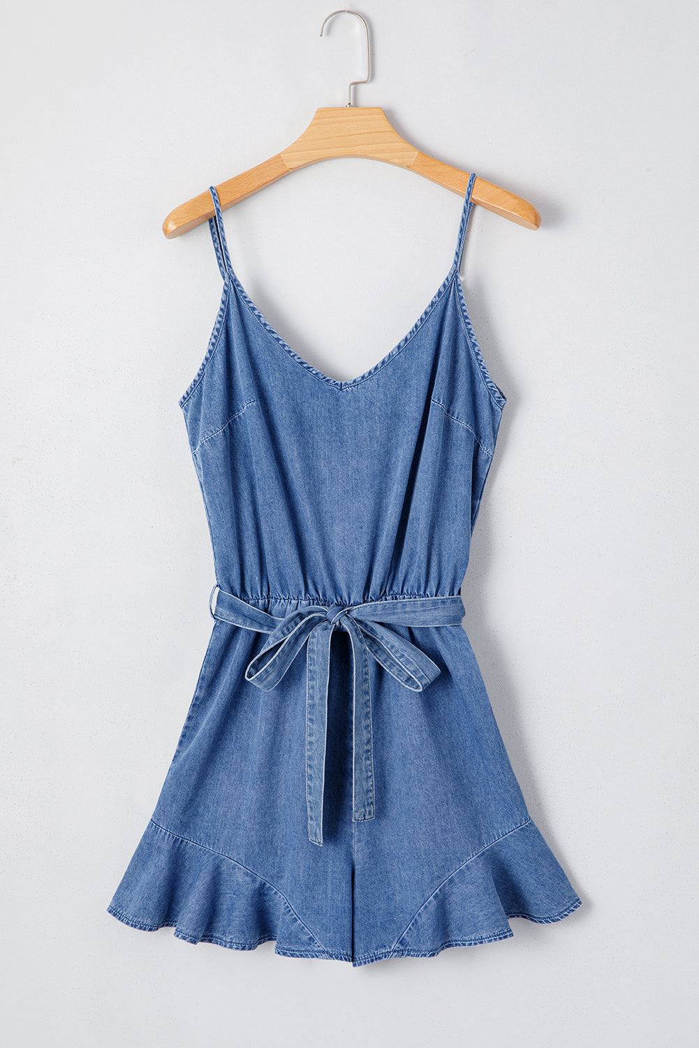 Aspyn Spaghetti Straps Ruffled Leg Chambray Romper