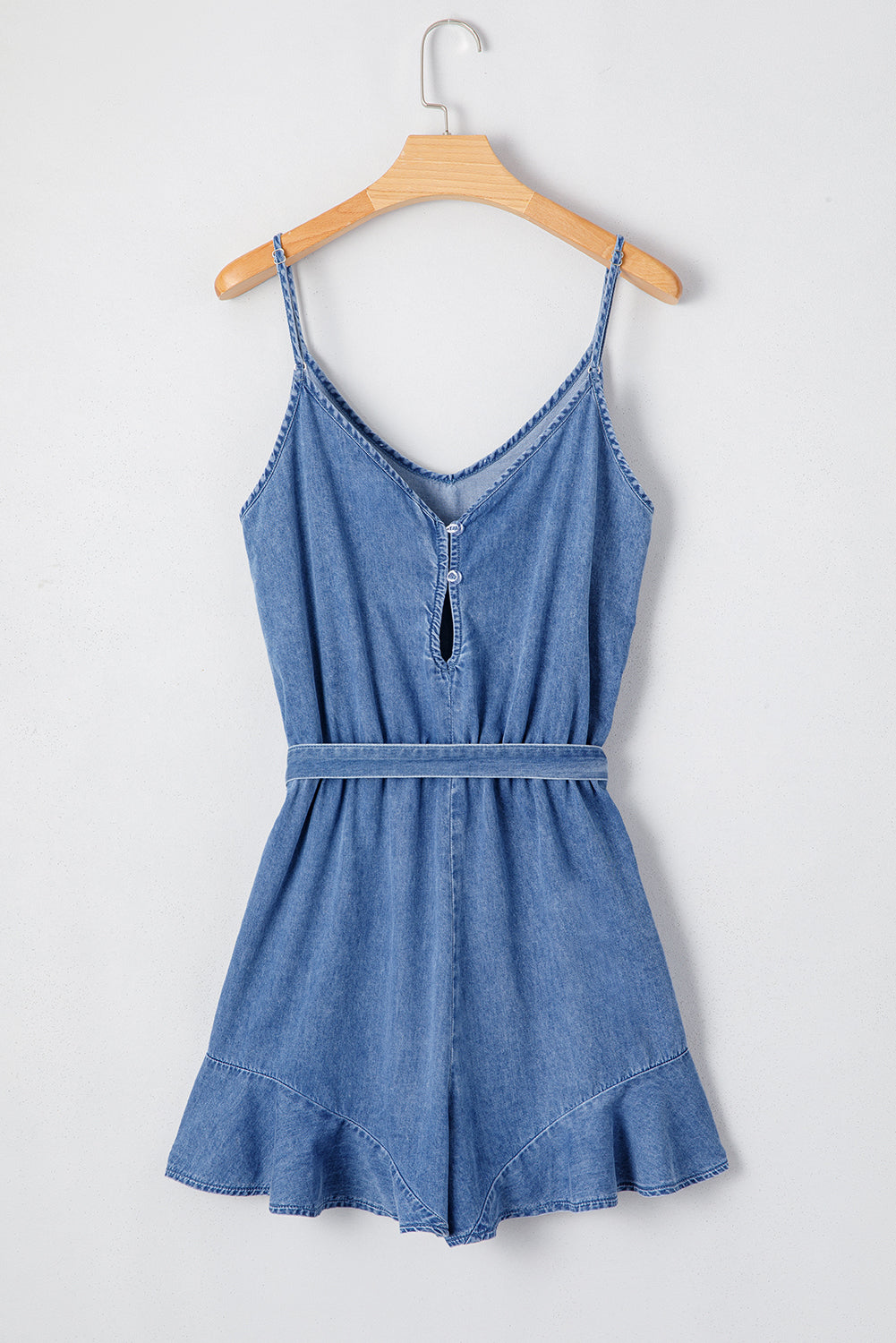 Aspyn Spaghetti Straps Ruffled Leg Chambray Romper