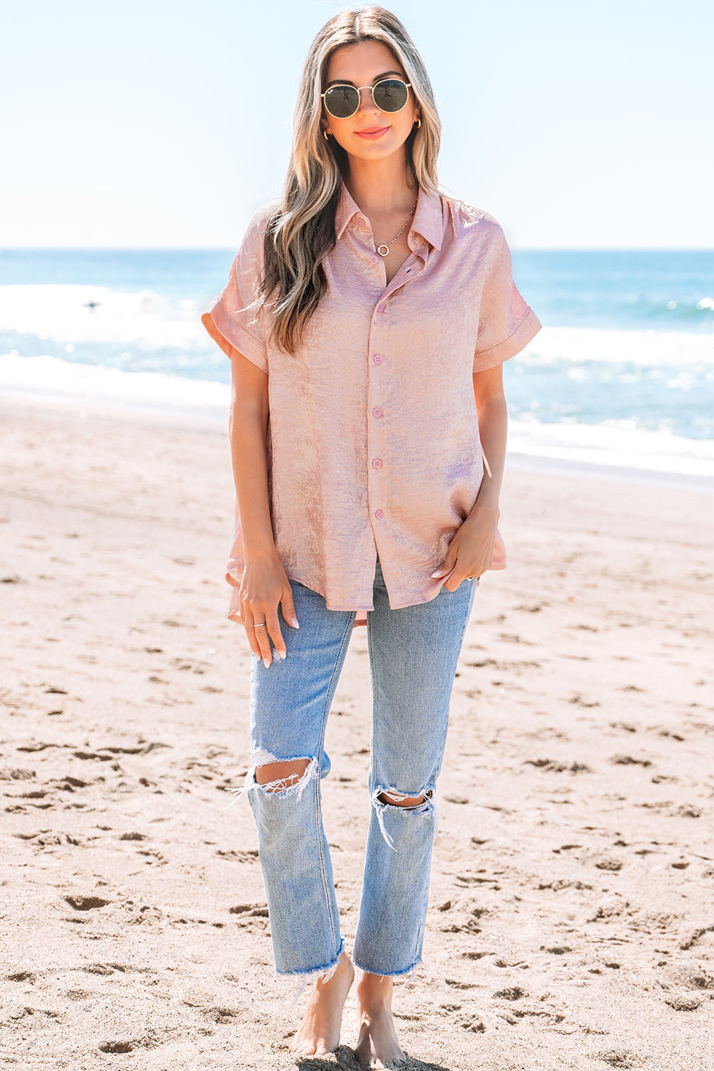 Kiana Metallic Buttoned Loose Fit Short Sleeve Shirt