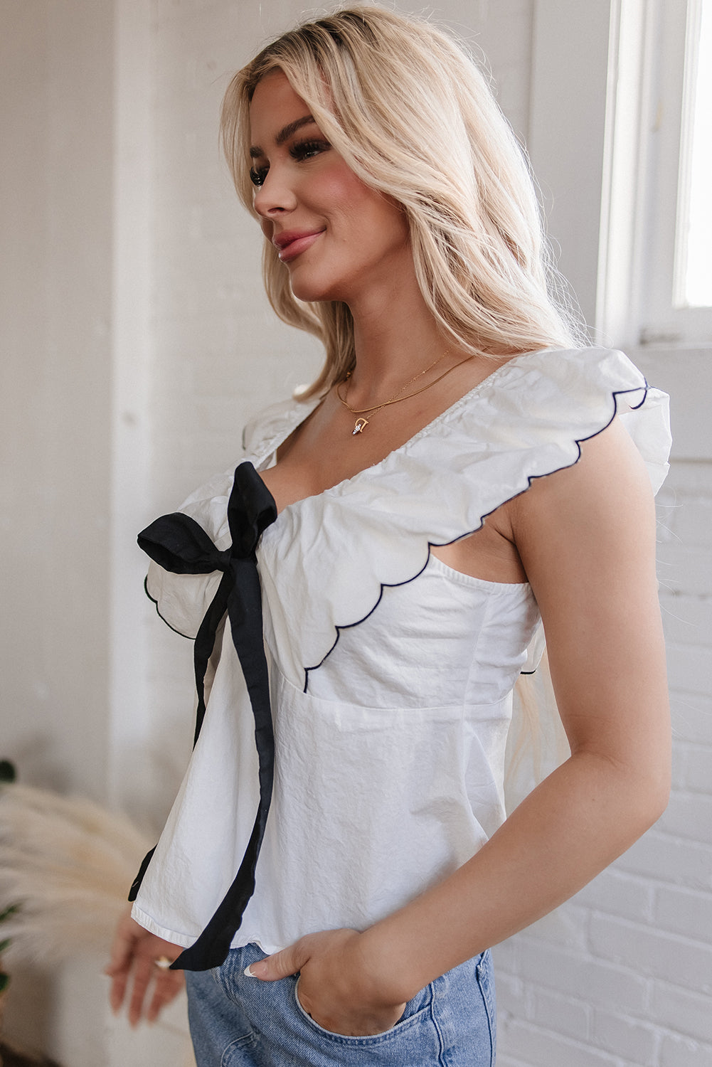 Azariah Contrast Bow Ruffle Trim V Neck Blouse